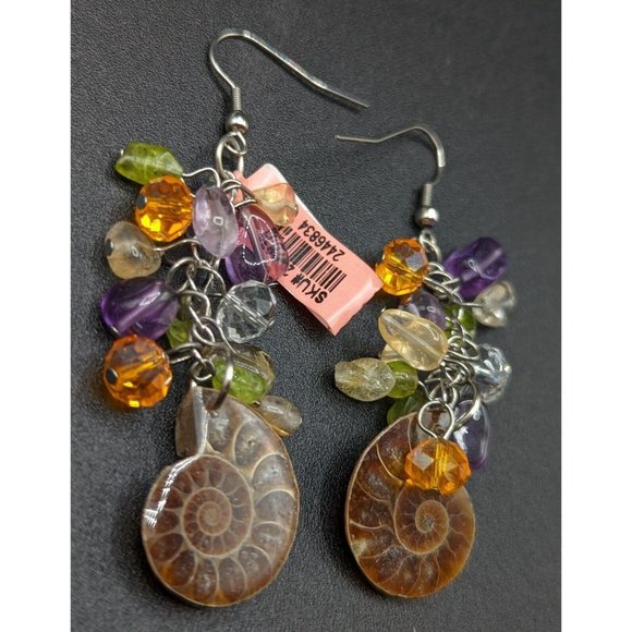 Ammonite Fossil Glass Gemstone Peridot Amethyst Bead Multicolor Cha Cha Earrings - Picture 7 of 7